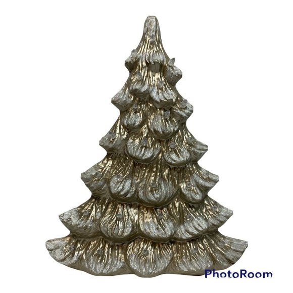 Platinum Ceramic Christmas 13" Tree Narrow White Lights Farmhouse Nostalgic - Picture 1 of 4